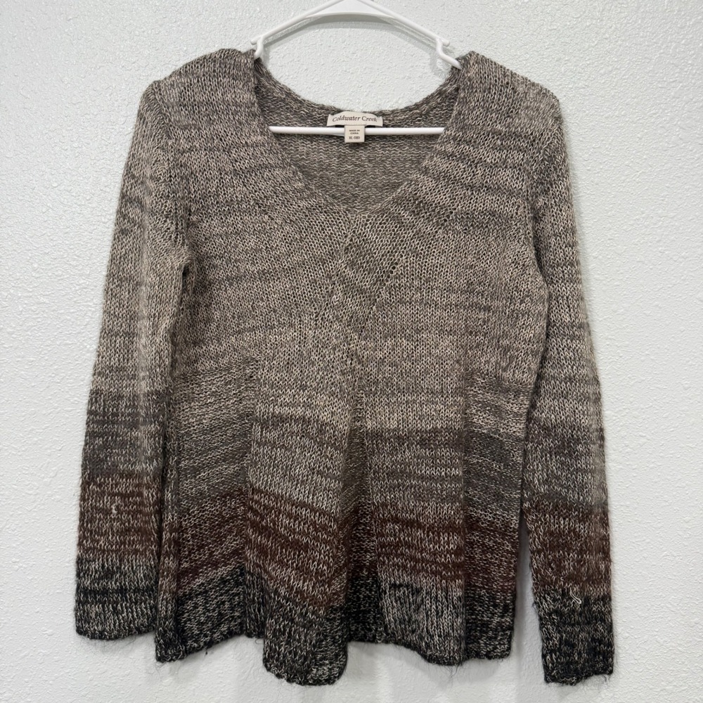 Coldwater Creek Ombre V-Neck Sweater Brown Taupe Linen Wool Blend Womens XL 18